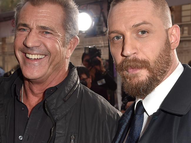 HOLLYWOOD, CA - MAY 07:  Actors Mel Gibson (L) and Tom Hardy attend the premiere of Warner Bros. Pictures' "Mad Max: Fury Road" at TCL Chinese Theatre on May 7, 2015 in Hollywood, California.  (Photo by Kevin Winter/Getty Images)