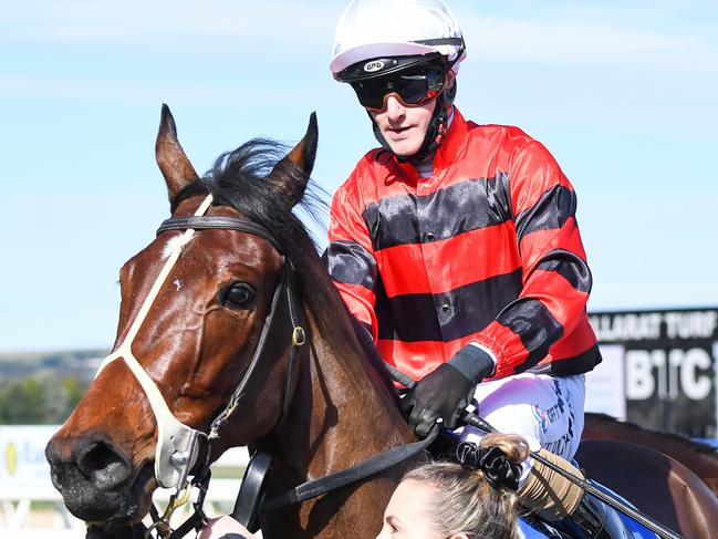 Ancient Girl (NZ) ridden by Josh Richards returns to the mounting yard after winning  the Ballarat Antenna Solutions 3YO Maiden Plate at Sportsbet-Ballarat Synthetic Racecourse on August 10, 2021 in Ballarat, Australia. (Pat Scala/Racing Photos via Getty Images)