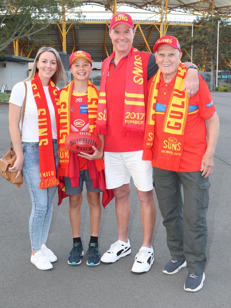 The Gold Coast Suns will host its first AFLW final when they take on the Sydney Swans on Saturday night. Kristal, Jett, Jason and Don Churchill. 11 November 2023 Carrara Picture by Richard Gosling