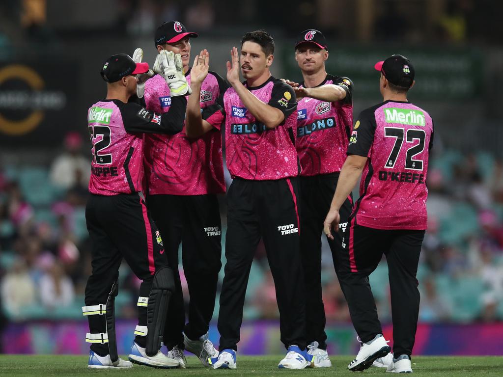 Ben Dwarshuis of the Sixers celebrates after taking a wicket during the BBL last season. Picture: Jason McCawley - CA/Cricket Australia via Getty Images