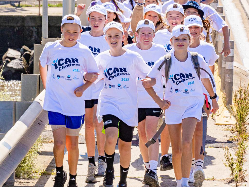 1000's of school kids walking from St kilda to Frankston to raise money for the GFA Good Friday Appeal. Walking over the paterson river at Carrum. Picture: Jason Edwards