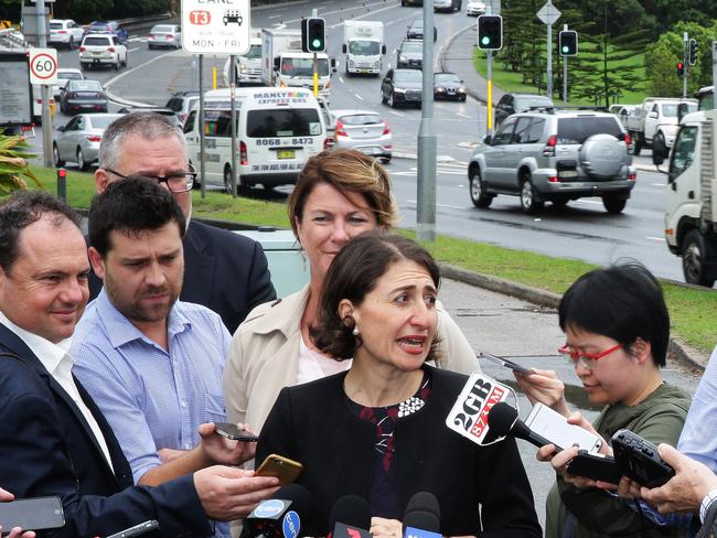 NSW Premier Gladys Berejiklian beside the Spit Bridge announcing the commitment to build the Northern Beaches Tunnel Link today. Picture: Virginia Young