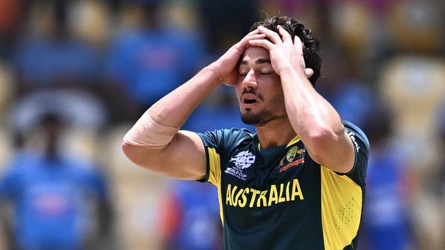 Australia's Marcus Stoinis reacts after dismissing India's Shivam Dube during the ICC men's Twenty20 World Cup 2024 Super Eight cricket match between Australia and India at Daren Sammy National Cricket Stadium in Gros Islet, Saint Lucia on June 24, 2024. (Photo by Chandan Khanna / AFP)