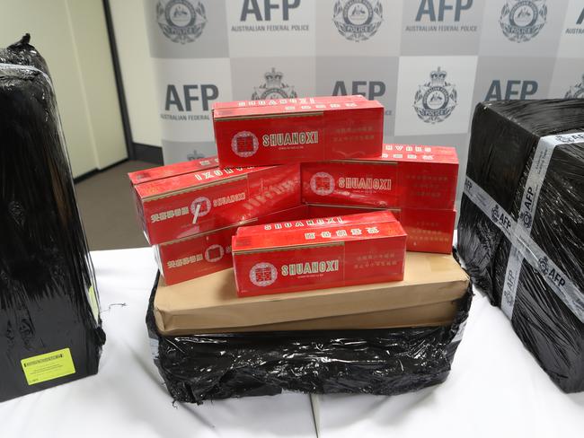 Seized tobacco displayed by the Australian Federal Police and Australian Border Force. Picture: David Crosling