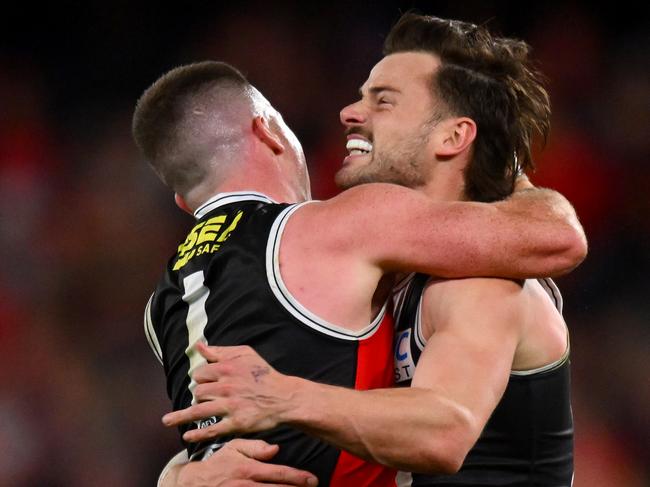 MELBOURNE, AUSTRALIA - JULY 07: Jack Higgins and Jack Sinclair of the Saints celebrate a goal during the round 17 AFL match between St Kilda Saints and Sydney Swans at Marvel Stadium, on July 07, 2024, in Melbourne, Australia. (Photo by Morgan Hancock/AFL Photos/via Getty Images)