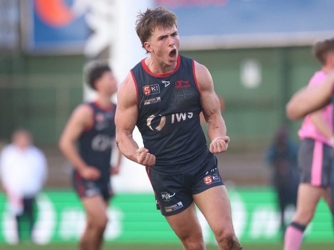 Sam Morris celebrates a goal for Norwood. Picture: Cory Sutton