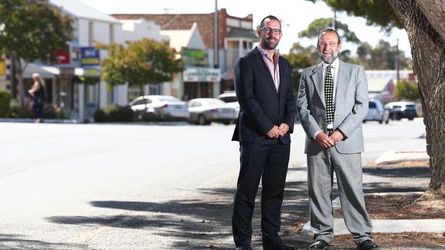 Adelaide Plains Council chief executive James Miller with acting mayor Marcus Strudwicke in Two Wells. Picture: TAIT SCHMAAL.