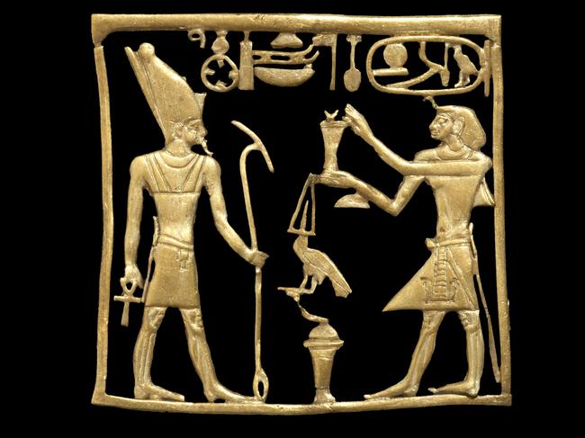 *Only to be used in relation to NGV exhibition, Pharaoh (2024)*Plaque of Amenemhat IV Probably Byblos, Lebanon 12th Dynasty, reign of Amenemhat IV, about 1808- 1799 BC Gold H 2.9 cm, W 3.1 cm, D 0.1 cm © The Trustees of the British Museum