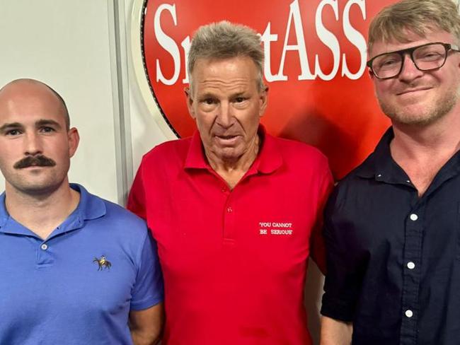 Sam Newman poses with notorious neo-Nazis Blair Cottrell and Thomas Sewell. Picture: X