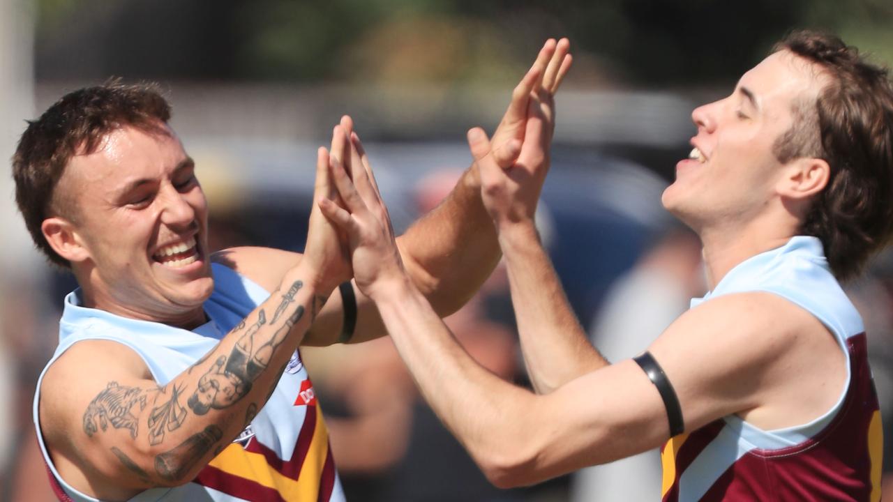 Football BFNL Portarlington v Newcomb: 
Newcomb 10 Jack Walsh kicks a goal and celebrates with   Newcomb 42 Jack Duke left


Picture: Mark Wilson