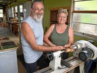 LOVE FOR WOOD AND EACH OTHER: Wayne Moss and Caz Hayes have started the business Woody by Mossy at their home in Cawongla near Kyogle. Picture: Susanna Freymark