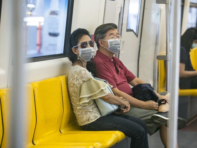 Near-empty carriages on the BTS skytrain in Bangkok, Thailand, during COVID-19. Picture: Getty Images