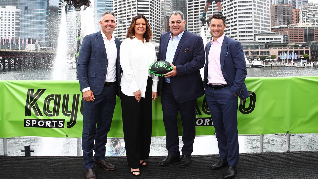 Corey Parker, Yvonne Sampson, Mal Meaning and Cooper Cronk help launch Fox League’s 2023 NRL season coverage. Photo: Fox League / Brett Costello