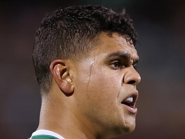 PENRITH, AUSTRALIA - MARCH 09: Latrell Mitchell of the Rabbitohs looks on during the round two NRL match between the Penrith Panthers and the South Sydney Rabbitohs at BlueBet Stadium on March 09, 2023 in Penrith, Australia. (Photo by Cameron Spencer/Getty Images)