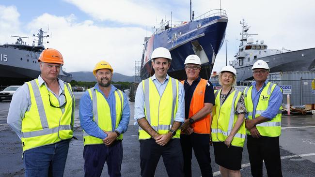 Federal Treasurer Jim Chalmers has visited the Cairns Marine Precinct, to promote the $360 million expansion to the industry, equally funded by the federal and state governments. Norship ISS manager Steve Howarth, Norship defence operations manager Stuart Hodgson, Treasurer Jim Chalmers, Austral General Manager for Queensland Phil Growden, Gillian Shaw of Norstar and Tropical Reef Shipyard general manager Robert Downing inspect two Australian Border Force ships currently undergoing maintainence at the Marine Precinct. Picture: Brendan Radke