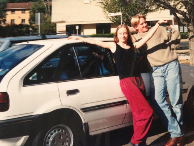 Sunday and Daily Telegraph journalist Jonathon Moran with twin sister Alison, with the first car they shared together during Year 12 and the first years of university in Canberra. Picture: Supplied