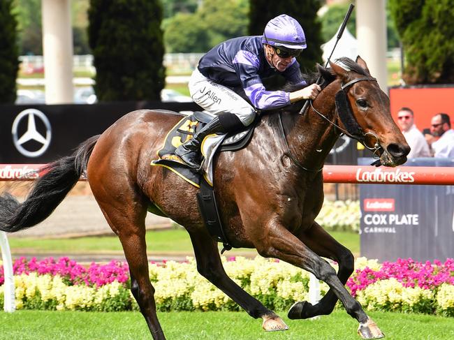 My Oberon (IRE) ridden by John Allen wins the Schweppes Crystal Mile at Moonee Valley Racecourse on October 22, 2022 in Moonee Ponds, Australia. (Photo by Reg Ryan/Racing Photos via Getty Images)