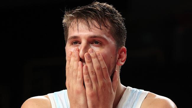 Luka Doncic can 't believe the call during the Bronze medal playoff Basketball game between Australia and Slovenia at the Saitama Super Arena during the Tokyo 2020 Olympics. Pics Adam Head