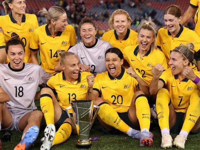 The Matildas celebrate after winning the Cup of Nations, an encouraging tune-up ahead of a home World Cup campaign. Picture:Cameron Spencer/Getty Images