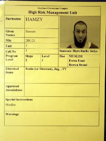 Bassam Hamzy’s cell card when he was first put into Goulburn’s Supermax prison.