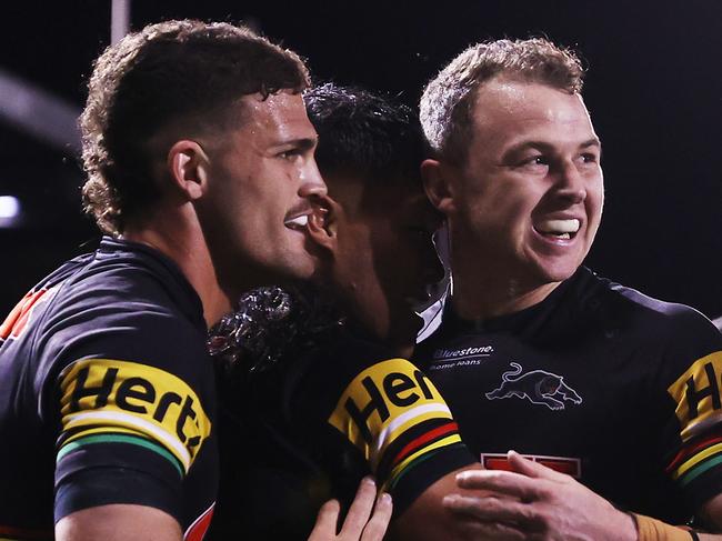 PENRITH, AUSTRALIA - SEPTEMBER 09:  Brian To'o of the Panthers celebrates with team mates after scoring a try during the NRL Qualifying Final match between the Penrith Panthers and the Parramatta Eels at BlueBet Stadium on September 09, 2022 in Penrith, Australia. (Photo by Mark Kolbe/Getty Images)