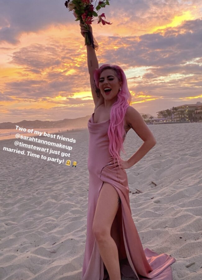 Image credit: Instagram.com/ladygagaLady GagaSinger, songwriter and actress, Lady Gaga, seamlessly stepped into the role of bridesmaid at her long-time make-up artist, Sarah Tanno's, wedding to musician Tim Stewart—who also happens to play guitar for Gaga, as well as for other high-profile artists such as Rihanna and for his own project, The Band Knives.The Shallow singer shared a picture on her Instagram Story at the beach wedding wearing a dusty pink floor-length dress with thigh-high split and perfectly matching pink mermaid-style hair. Gaga captioned the post: “Two of my best friends @sarahtannomakeup @timstewart just got married. Time to party!”