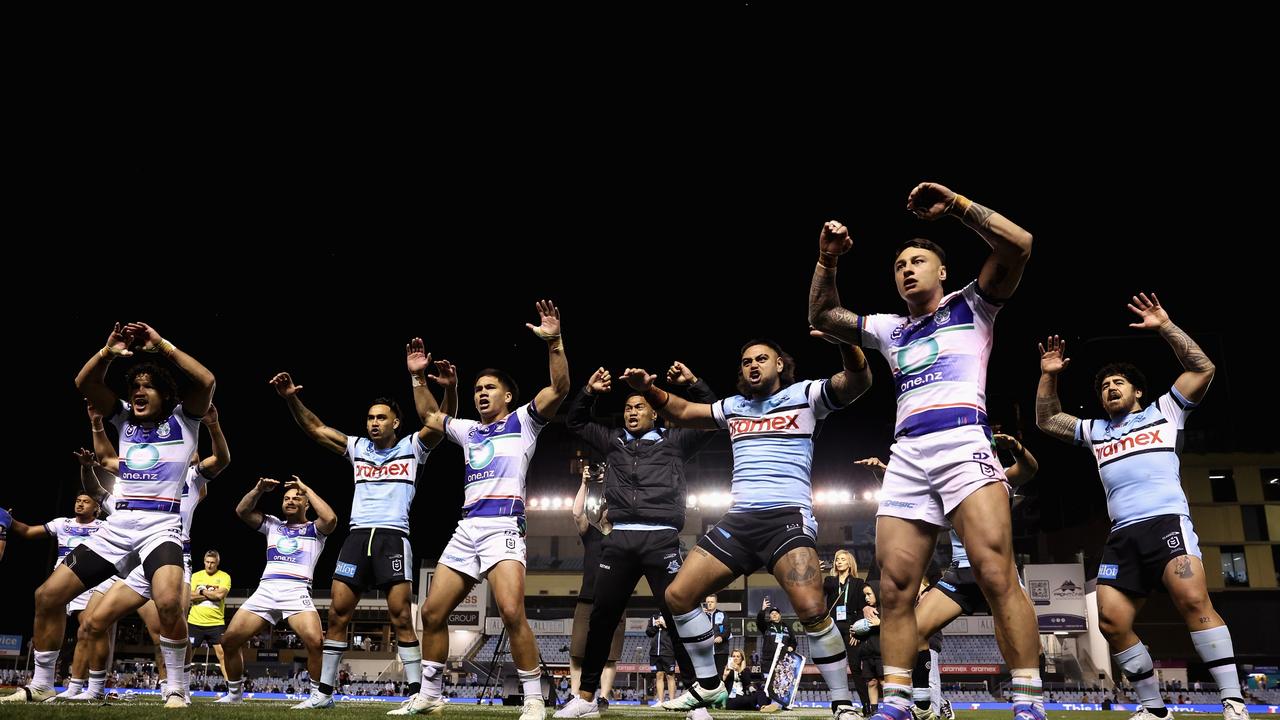 Players from both teams performed a Haka after the game to honour Shaun Johnson’s amazing career. Picture: Cameron Spencer/Getty Images