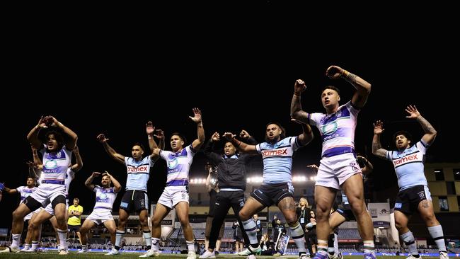 Players from both teams performed a Haka after the game to honour Shaun Johnson’s amazing career. Picture: Cameron Spencer/Getty Images