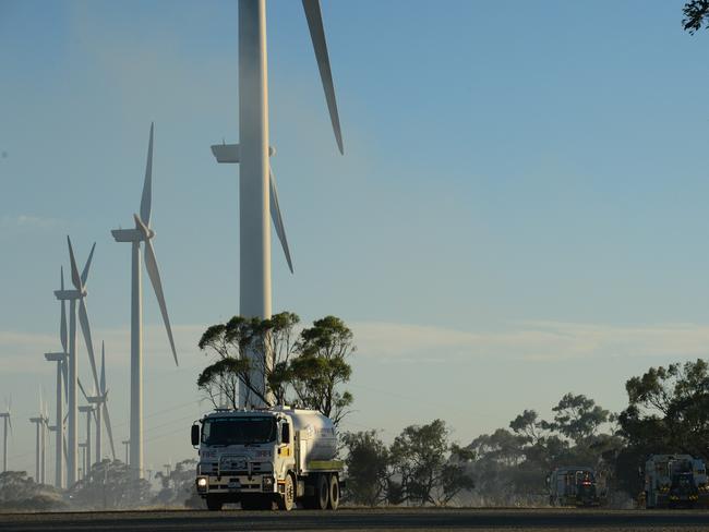 The CFS have contained a fire at the Waterloo wind farm operated by Energy Australia. Pic: Tricia Watkinson.