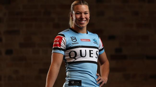 SYDNEY, AUSTRALIA - SEPTEMBER 23:  Emma Tonegato of the Sharks poses during the 2024 NRLW premiership finals series launch at 'Watersedge' at Campbell's Stores on September 23, 2024 in Sydney, Australia.  (Photo by Matt King/Getty Images)