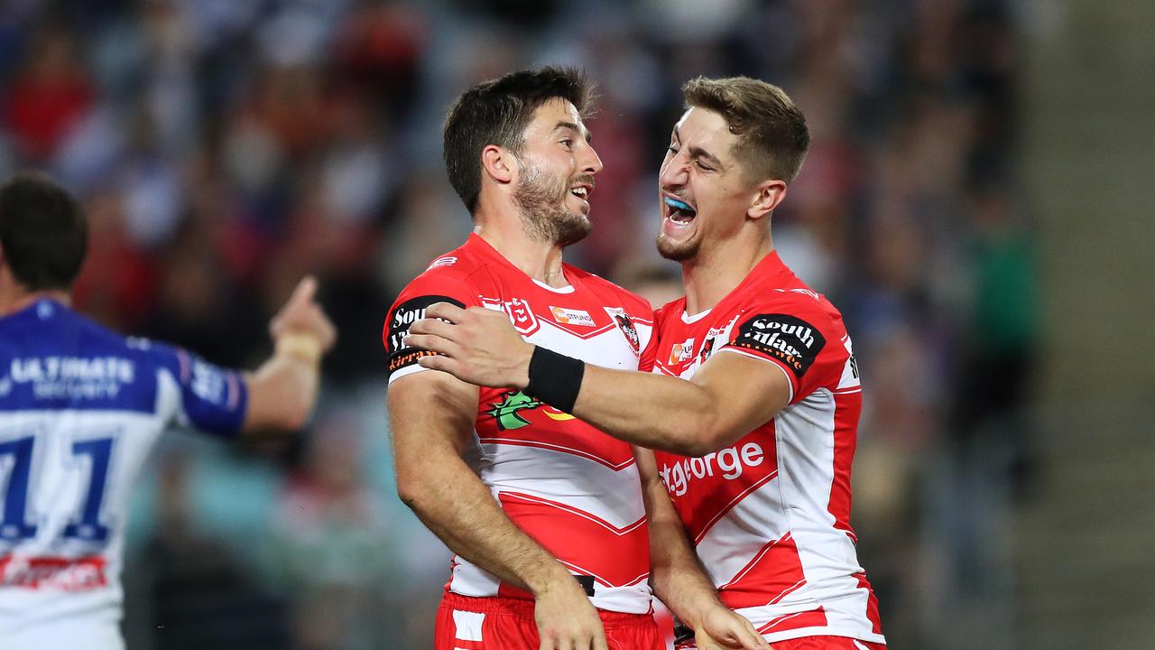 St George's Zach Lomax celebrates a try scored by St George's Ben Hunt during the Bulldogs v St George NRL match at ANZ Stadium, Homebush. Picture: Brett Costello