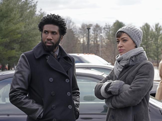 Cush Jumbo as Lucca Quinn with Nyambi Nyambi as Jay Dipersia in The Good Fight. Picture: Patrick Harbron/CBS