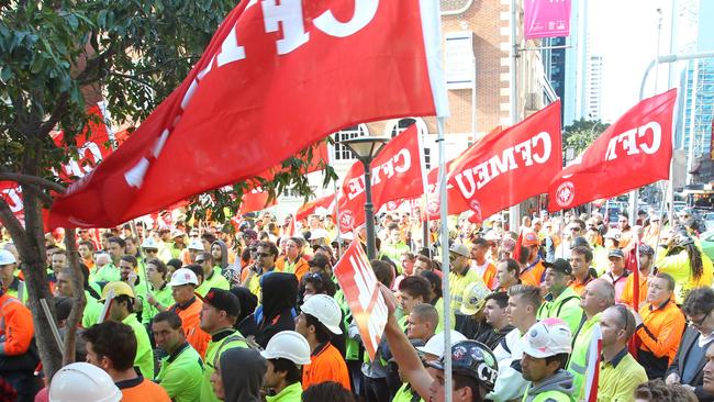 A CFMEU rally in Brisbane. The CFMEU and seven of its officials have been found to have breached right of entry provisions at the Bruce Highway upgrade early last year. Picture: Annette Dew