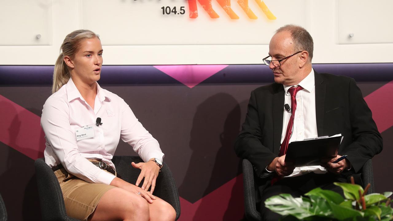 The Courier-Mail's Robert Craddock speaking with Meg Ward from Brisbane Broncos. Pics Tara Croser.