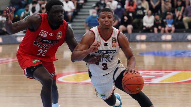 Scott Machado of the Cairns Taipans and Majok Majok of the Perth Wildcats during the NBL Blitz match between Perth Wildcats and Cairns Taipans at Ulverstone Sports &amp; Leisure Centre. (Photo by Sarah Reed/Getty Images)