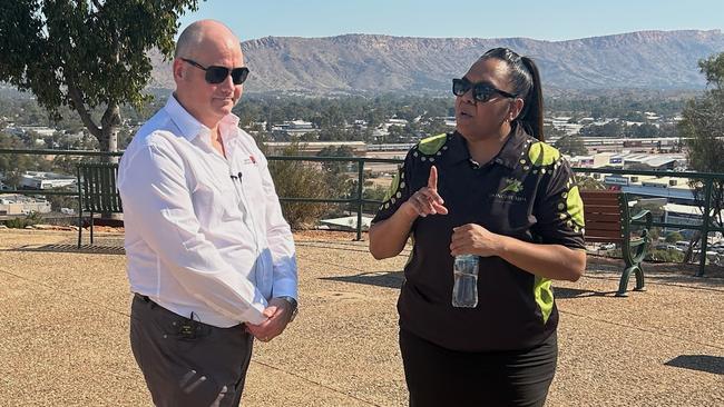 NAB chief executive Andrew Irvine in Alice Springs last week, with traditional landowner and bank customer Kristy Bloomfield.