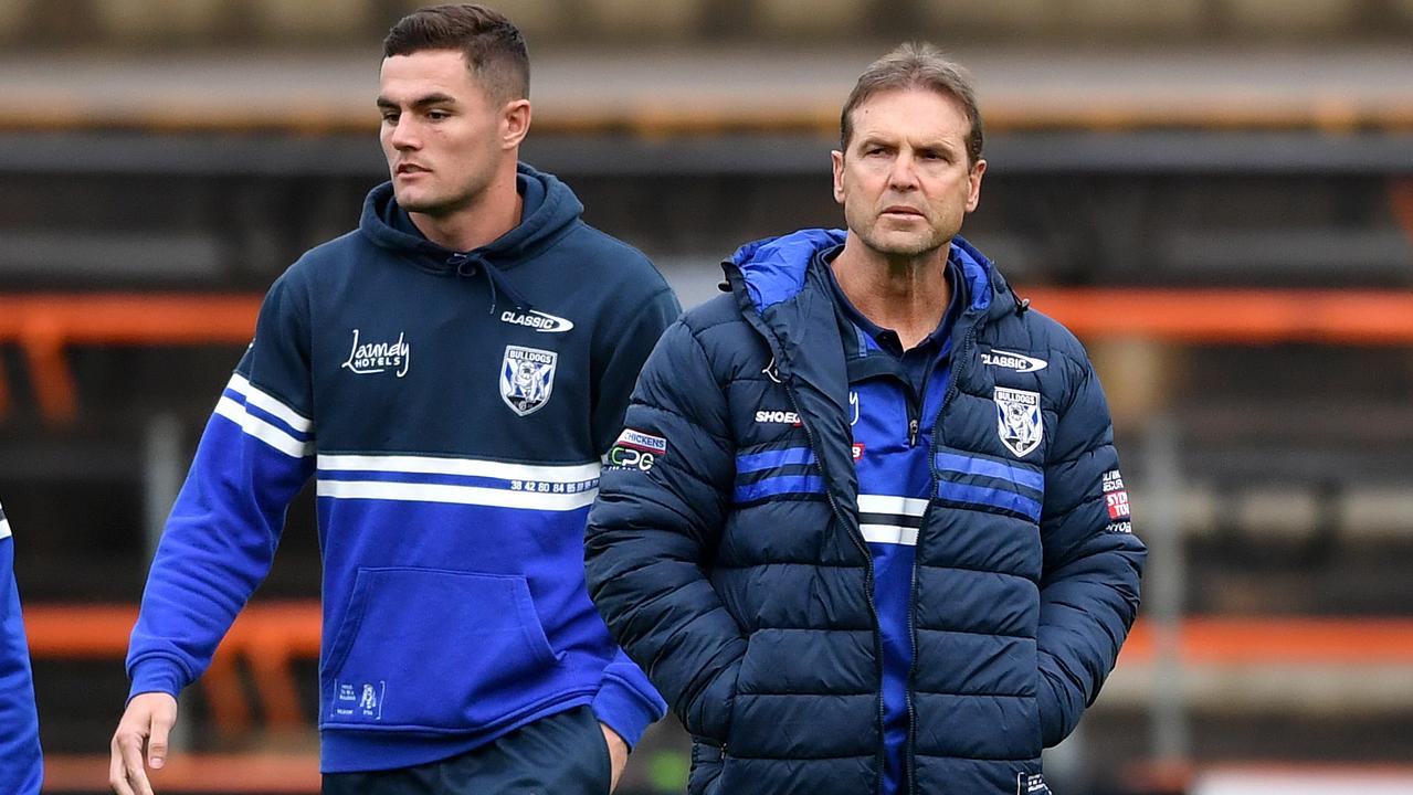 Bulldogs halfback Kyle Flanagan with interim coach Mick Potter during training. Picture: NRL Images