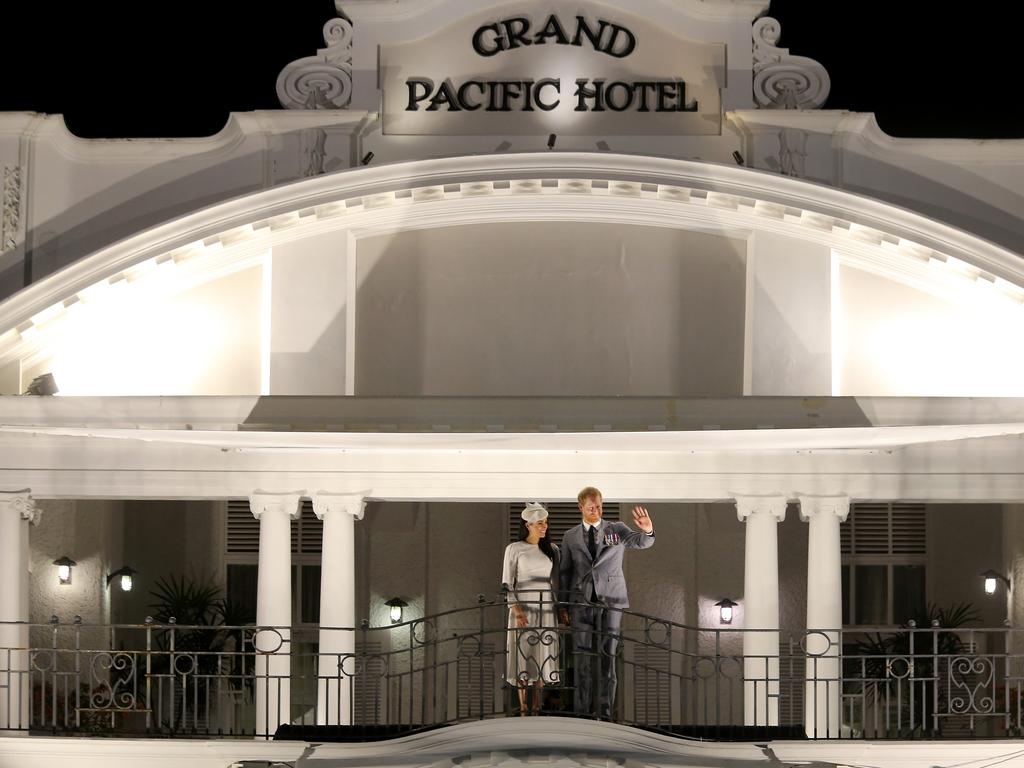The Duke and Duchess of Sussex Prince Harry and Meghan on the balcony of the Grand Pacific Hotel in Suva on day one of their tour of Fiji. Picture: Nathan Edwards.