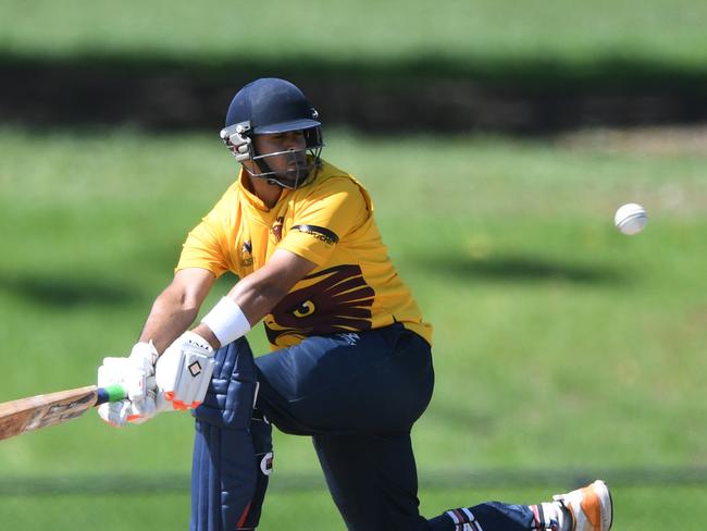 Shorye Chopra of Kingston Hawthorn (left) bats during the Victorian Premier Cricket match between St Kilda and Kingston Hawthorn at Harry Trott Oval in St Kilda, Saturday, February 22, 2020. (Photo/Julian Smith)