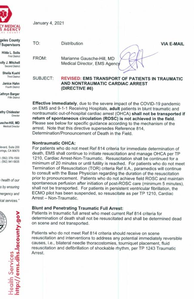 The brutal letter from Los Angeles health authorities telling paramedics not to transport dying patients to hospital any more.