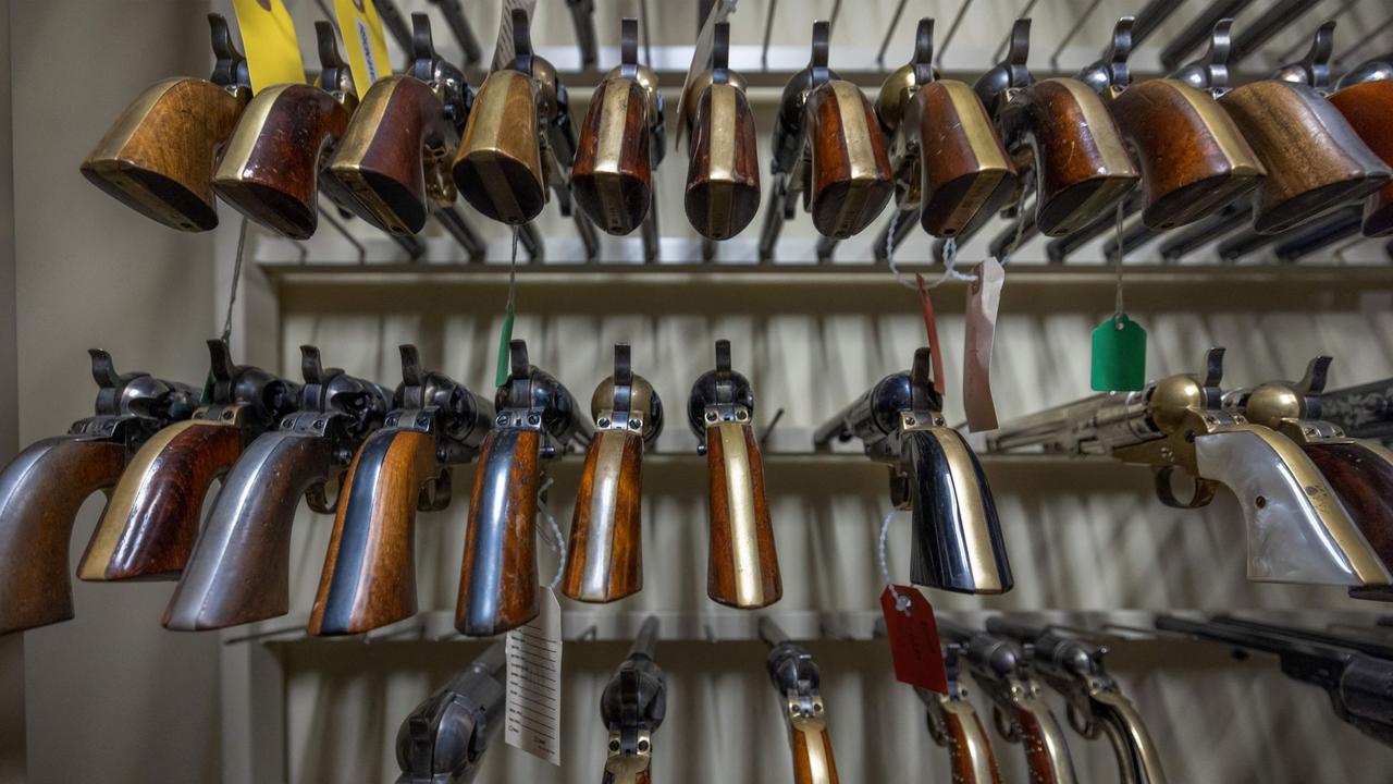 Prop guns are seen during an interview with props expert Guillaume Delouche at Independent Studio Services in Sunland-Tujunga. Picture: David McNew/AFP