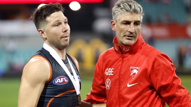 Toby Greene received the Brett Kirk medal from Swans assistant Brett Kirk (right). Photo by Phil Hillyard