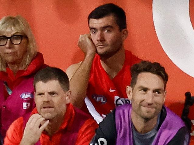 SYDNEY, AUSTRALIA - SEPTEMBER 20: Logan McDonald of the Swans looks on from the bench during the 2024 AFL First Preliminary Final match between the Sydney Swans and the Port Adelaide Power at The Sydney Cricket Ground on September 20, 2024 in Sydney, Australia. (Photo by Michael Willson/AFL Photos via Getty Images)