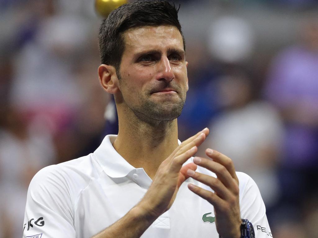 Novak Djokovic becomes emotional after losing to Daniil Medvedev in the 2021 US Open final, thus missing out on winning a calendar Grand Slam. Picture: Kena Betancur/AFP