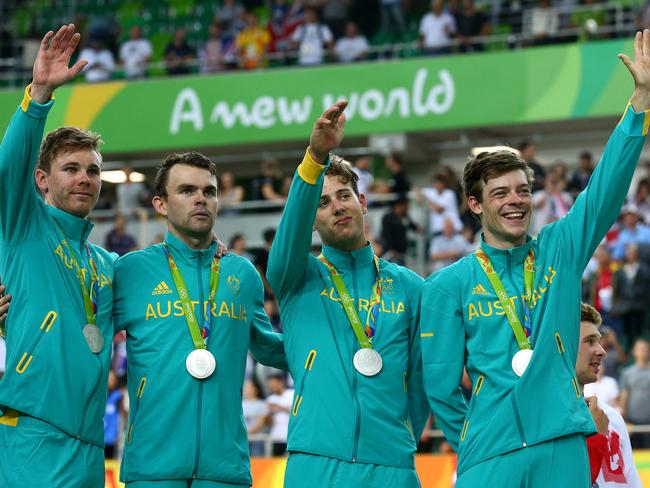 Australia's Men's Team Pursuit team including Michael Hepburn, Jack Bobridge, Sam Welsford and Alex Edmondson win the silver medal at the 2016 Rio Olympics at the Rio Olympic Velodrome. Picture: Adam Head