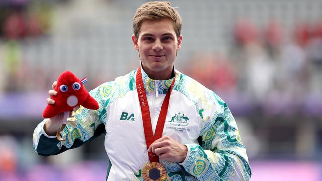 PARIS, FRANCE - SEPTEMBER 03: Gold medalist, James Turner of Team Australia, poses for a photo during the medal ceremony for the Men's 400m T36 Final on day six of the Paris 2024 Summer Paralympic Games at Stade de France on September 03, 2024 in Paris, France. (Photo by Ezra Shaw/Getty Images)