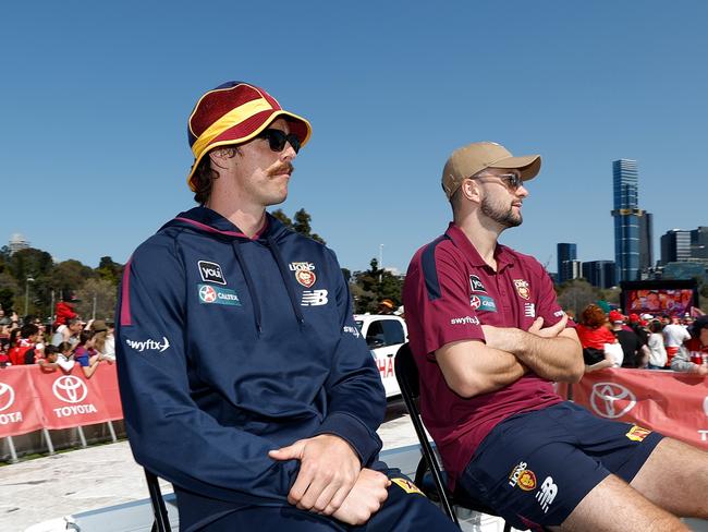 Joe Daniher with teammate Conor McKenna during Friday’s grand final parade. Michael Willson/AFL Photos via Getty Images