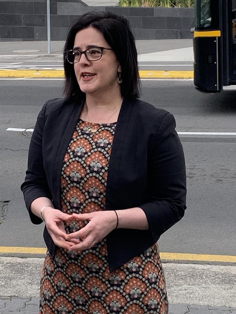 Labor health spokesperson Ella Haddad speaks to media outside Royal Hobart Hospital.