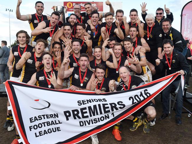 Balwyn celebrates its 2016 grand final triumph. Picture: Steve Tanner