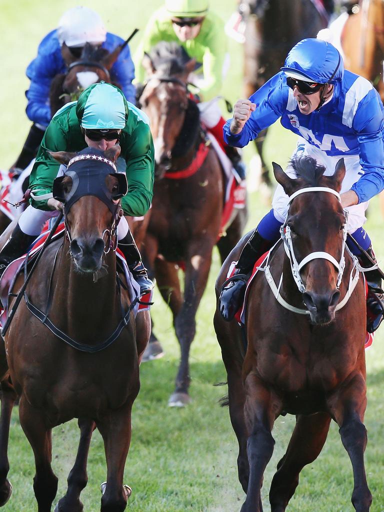 Cox Plate: Winx (Hugh Bowman/right). Picture: Getty Images